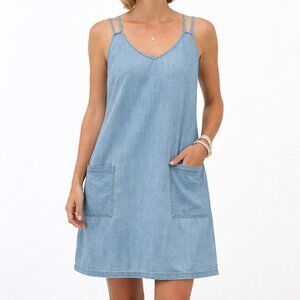 Coastal Casual Romantic Summer Light Wash Cotton V-Neck Dress + Pockets [size L]